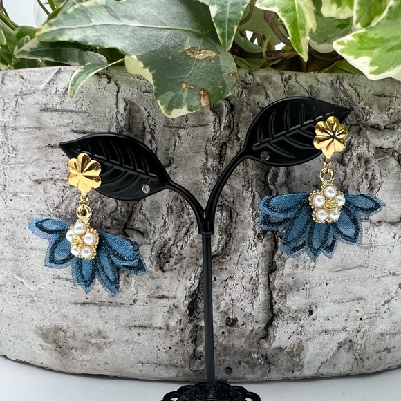 Elegant Blue Flirty Tassel Fabric Dangle Earrings - Romantic Floral Earrings - Picture 5 of 11